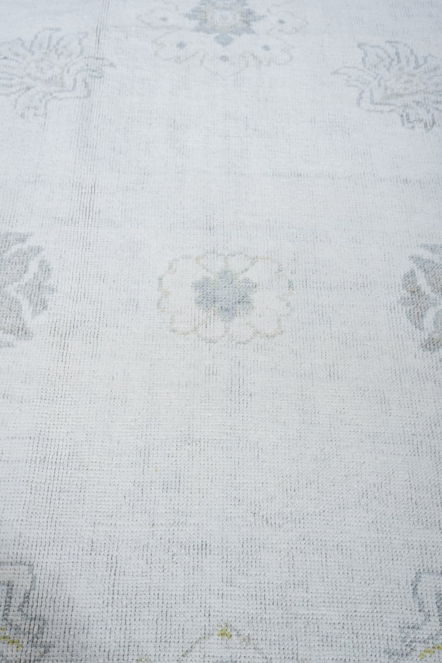 9' x 12' one-of-a-kind handmade vintage Oushak large size rug. Color palette: ivory, taupe, pale blue, sage, soft gray