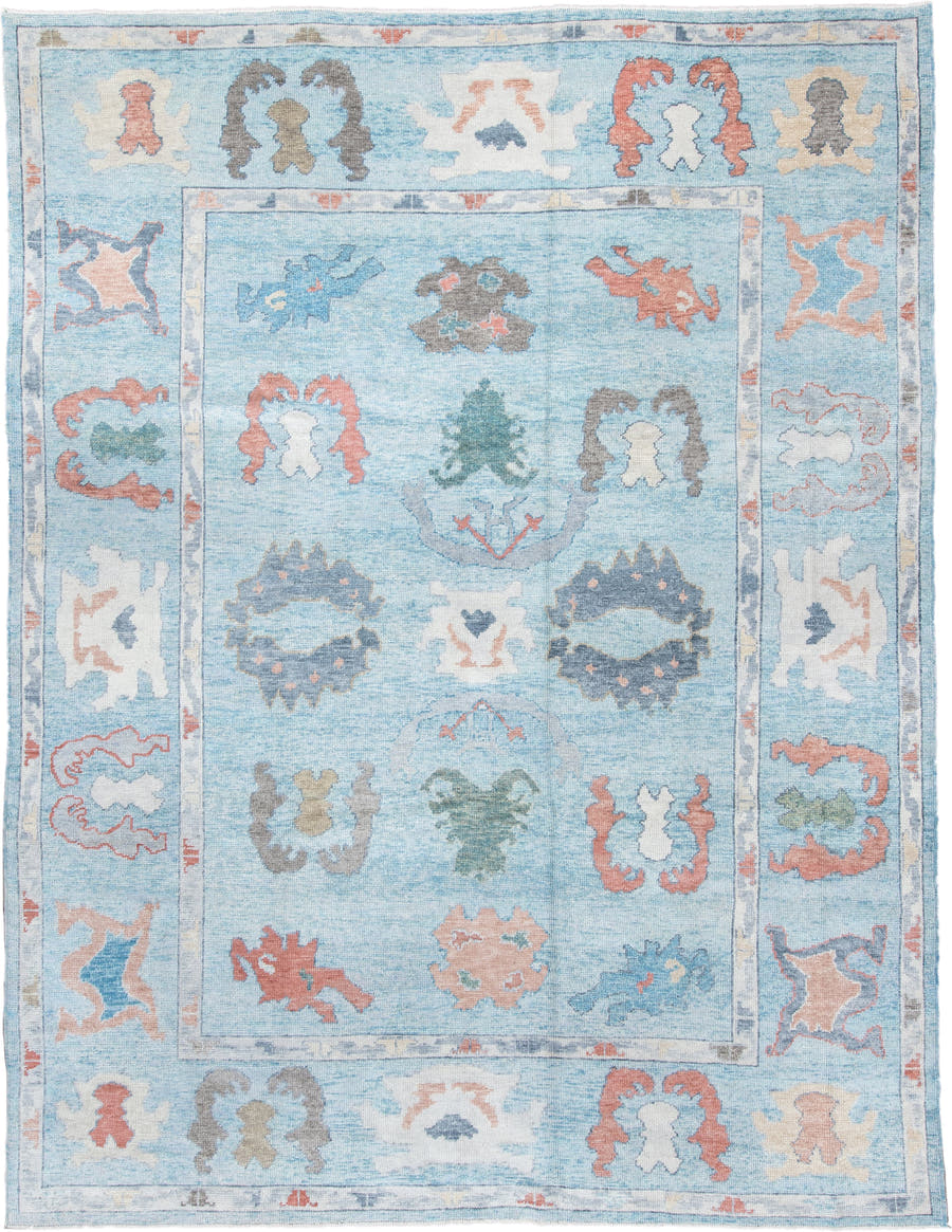 9' x 11' one-of-a-kind handmade vintage Oushak large size rug. Color palette: sky blue, ivory, coral, sage, charcoal, taupe