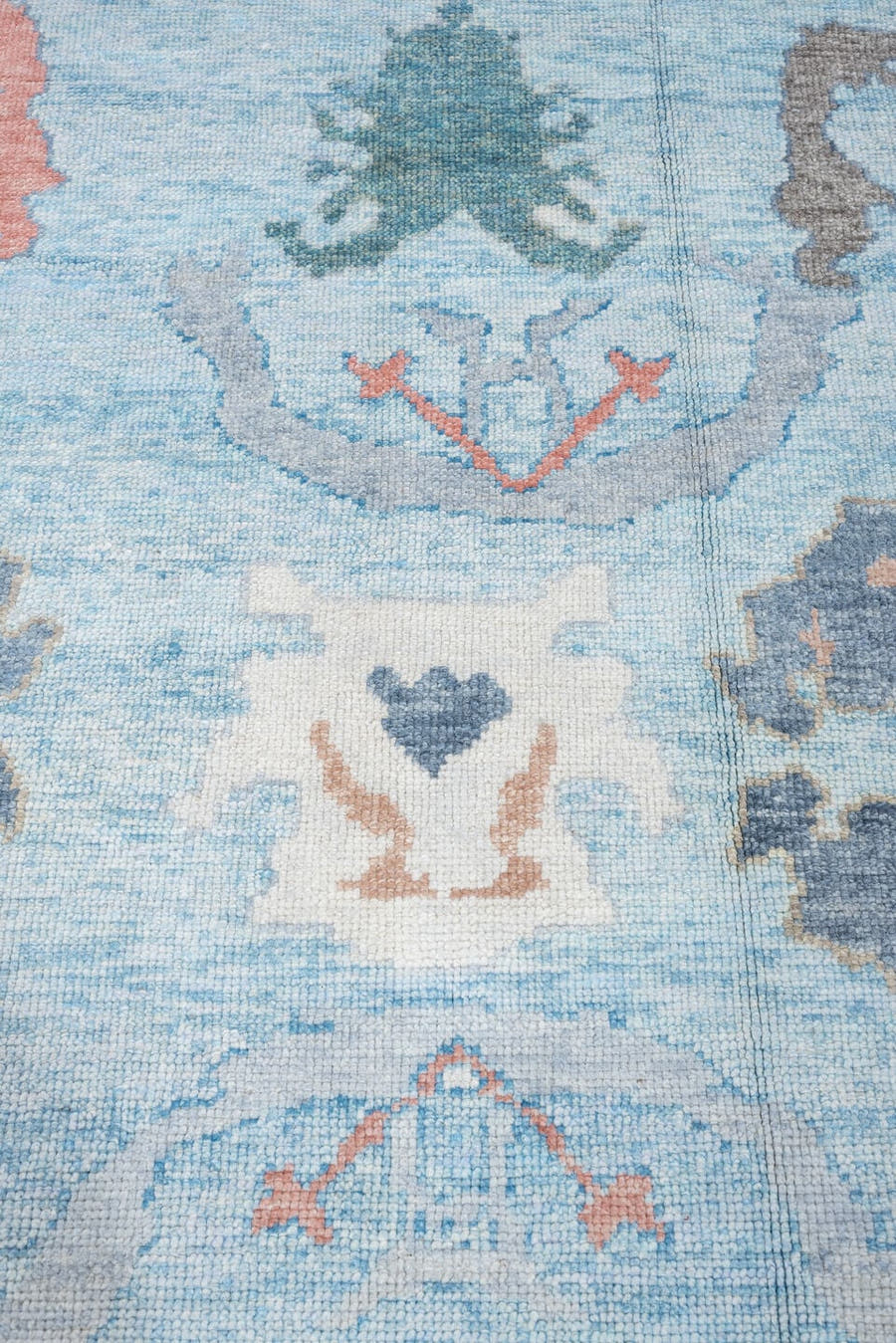 9' x 11' one-of-a-kind handmade vintage Oushak large size rug. Color palette: sky blue, ivory, coral, sage, charcoal, taupe