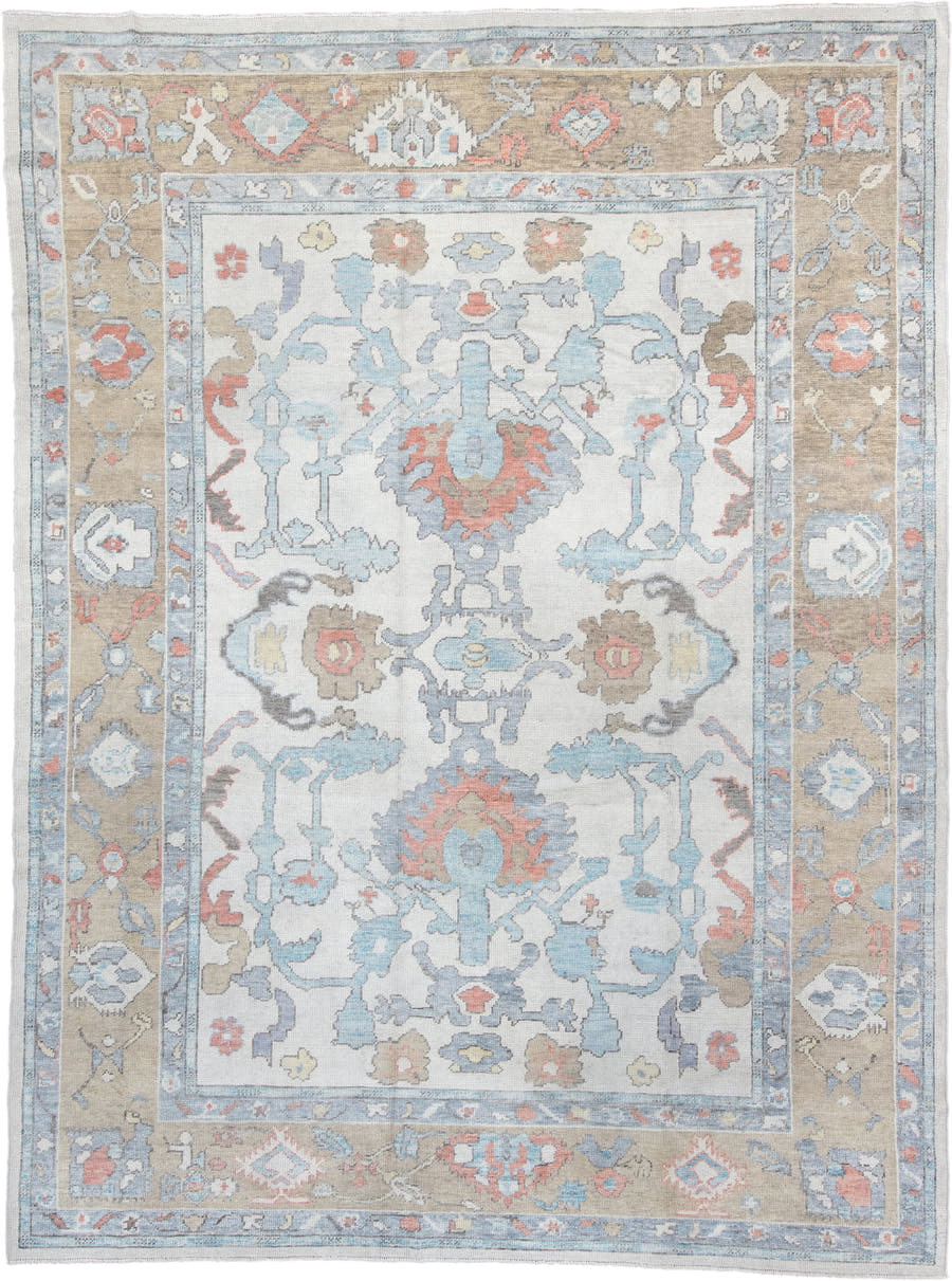 9' x 12' one-of-a-kind handmade vintage Oushak large size rug. Color palette: ivory, powder blue, taupe, coral, pale blue