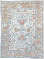9' x 12' one-of-a-kind handmade vintage Oushak large size rug. Color palette: ivory, powder blue, taupe, coral, pale blue