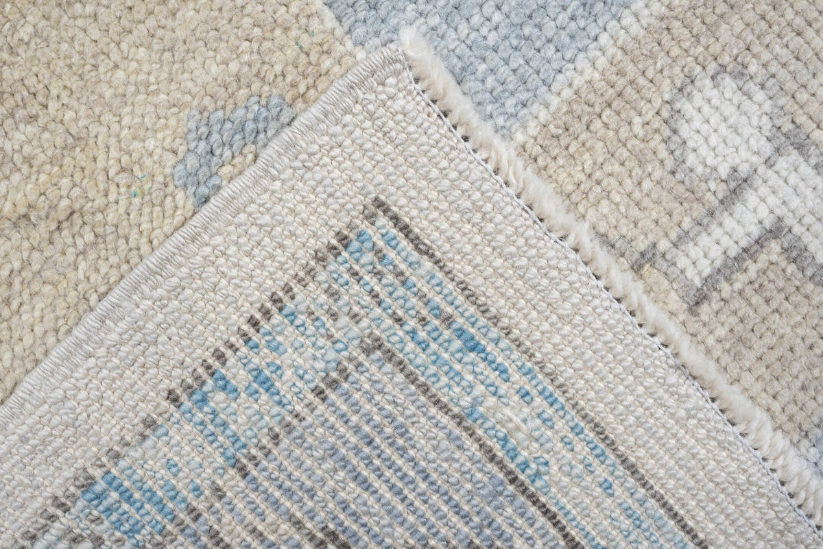 9' x 12' one-of-a-kind handmade vintage Oushak large size rug. Color palette: ivory, powder blue, taupe, coral, pale blue