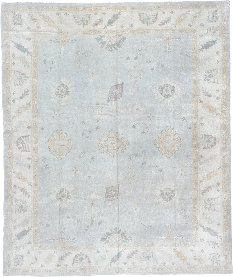 10' x 12' one-of-a-kind handmade vintage Oushak oversize rug. Color palette: blue gray, ivory, sage, dusty rose, terracotta
