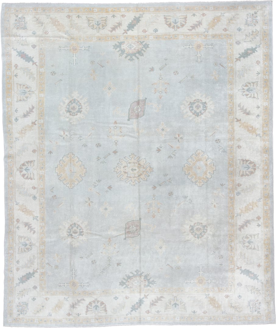 10' x 12' one-of-a-kind handmade vintage Oushak oversize rug. Color palette: blue gray, ivory, sage, dusty rose, terracotta
