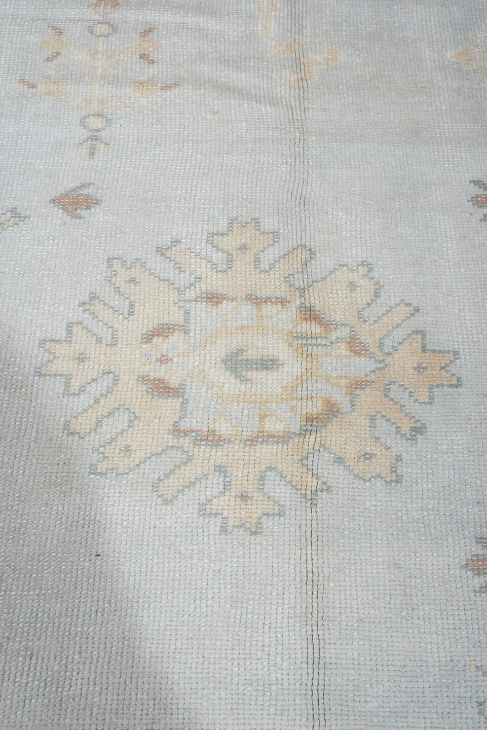 10' x 12' one-of-a-kind handmade vintage Oushak oversize rug. Color palette: blue gray, ivory, sage, dusty rose, terracotta