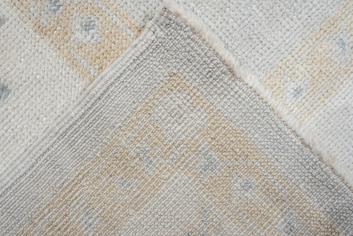 10' x 12' one-of-a-kind handmade vintage Oushak oversize rug. Color palette: blue gray, ivory, sage, dusty rose, terracotta