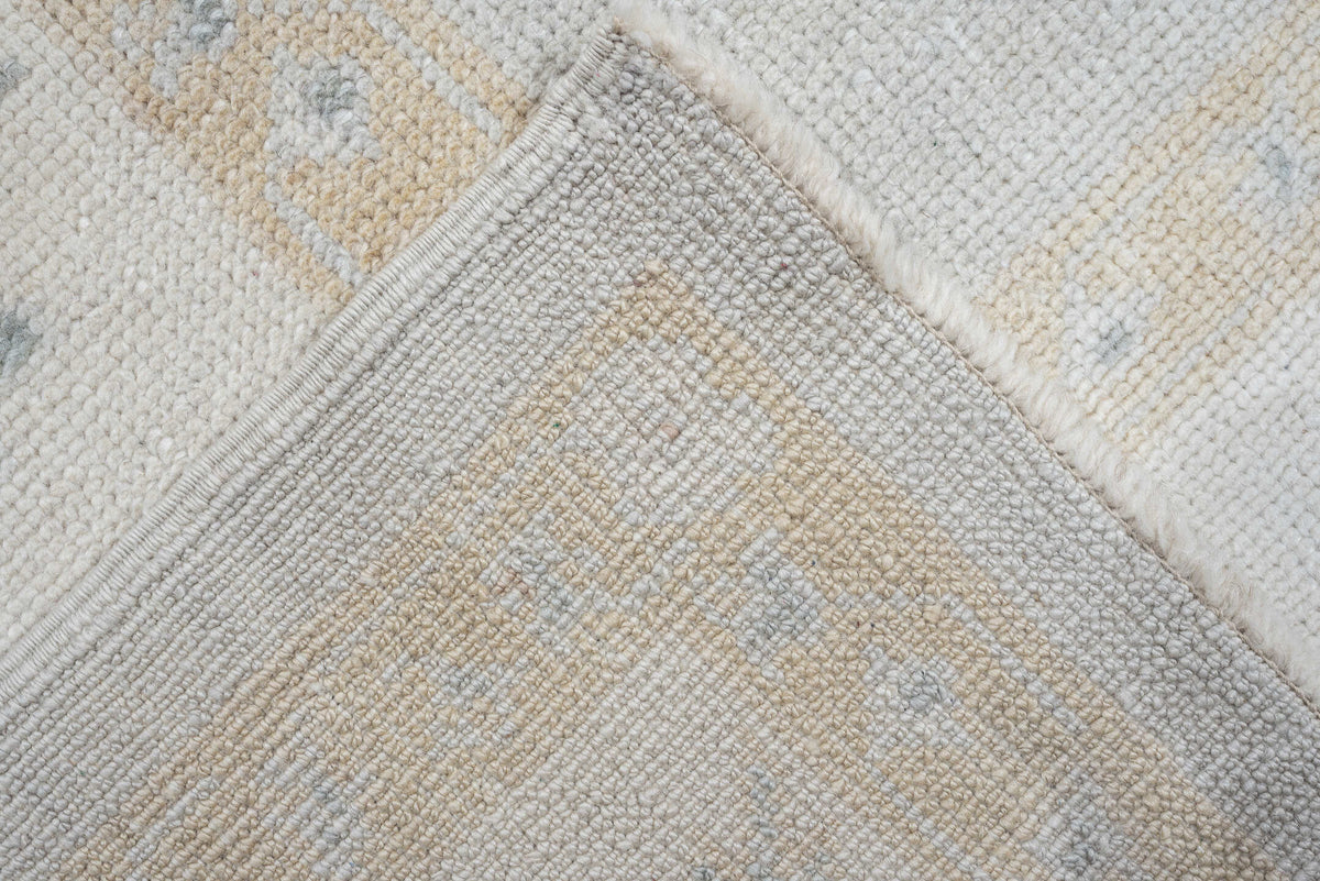 10' x 12' one-of-a-kind handmade vintage Oushak oversize rug. Color palette: blue gray, ivory, sage, dusty rose, terracotta
