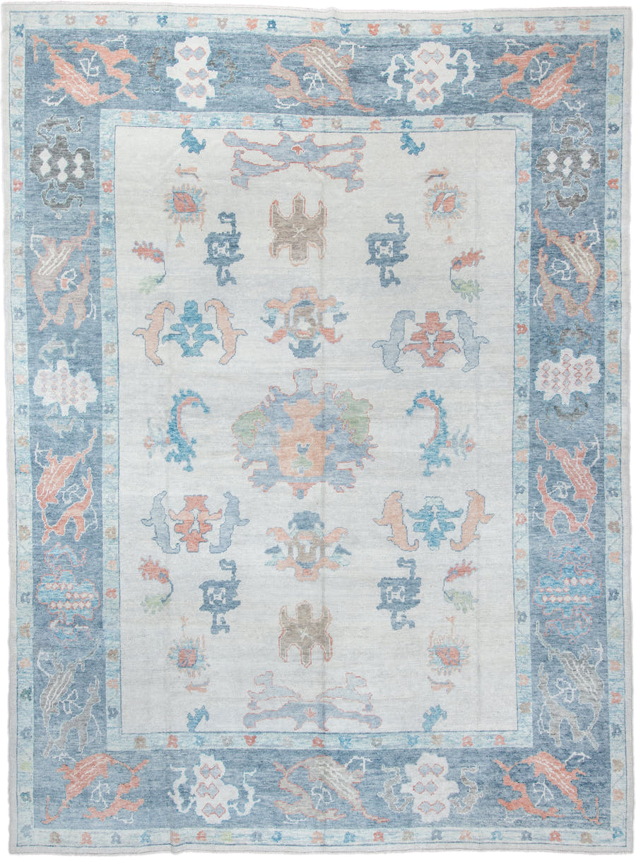 10' x 14' one-of-a-kind handmade vintage Oushak oversize rug. Color palette: ivory, blue gray, coral, blush, taupe