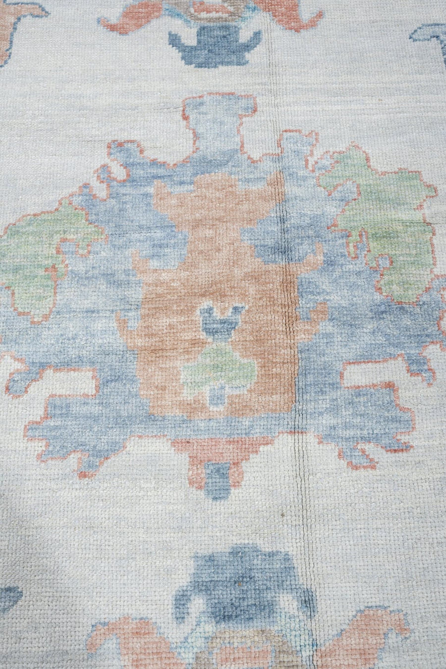 10' x 14' one-of-a-kind handmade vintage Oushak oversize rug. Color palette: ivory, blue gray, coral, blush, taupe