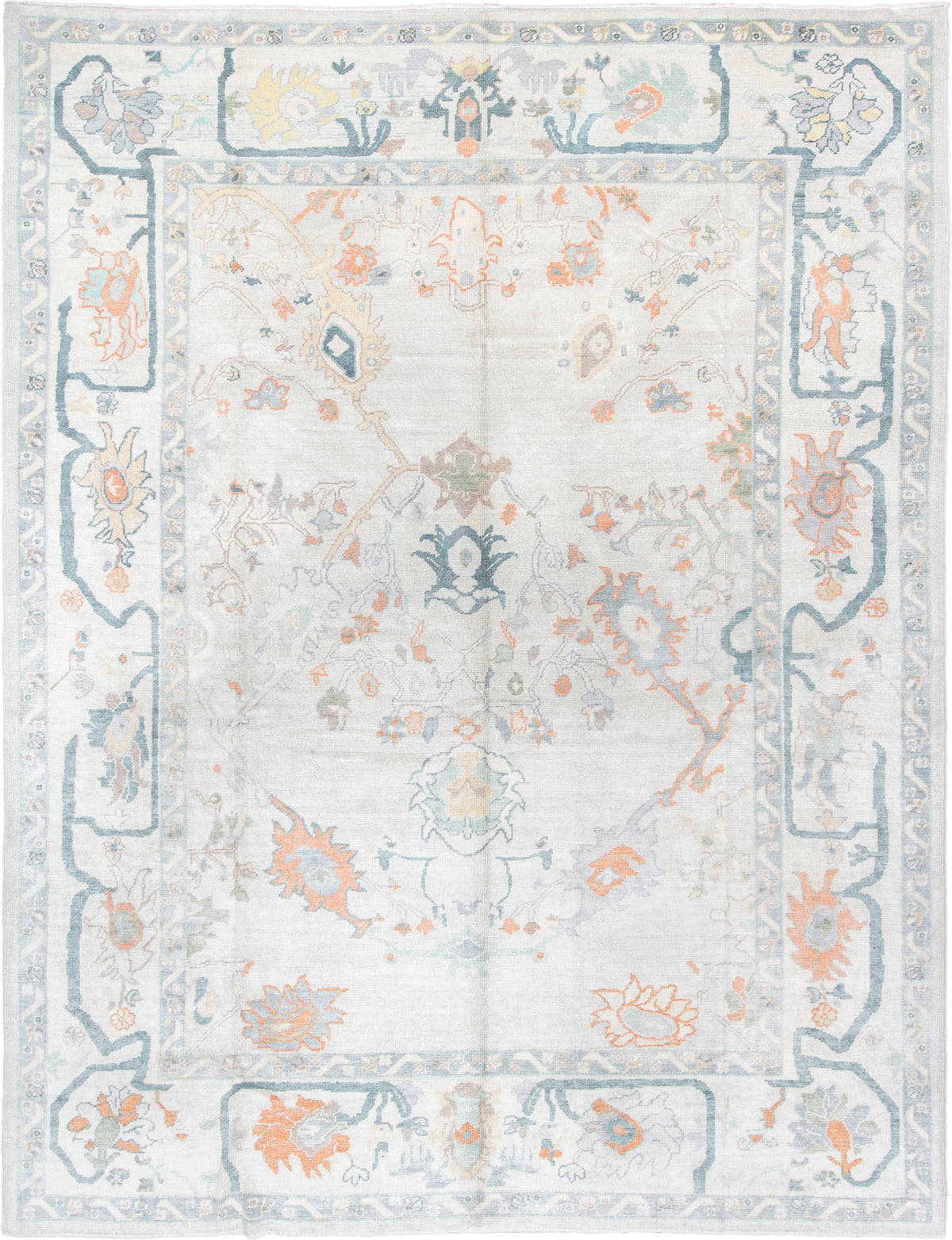 10' x 13' one-of-a-kind handmade vintage Oushak large size rug. Color palette: ivory, powder blue, sage, coral, peach, taupe