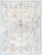 10' x 13' one-of-a-kind handmade vintage Oushak large size rug. Color palette: ivory, powder blue, sage, coral, peach, taupe