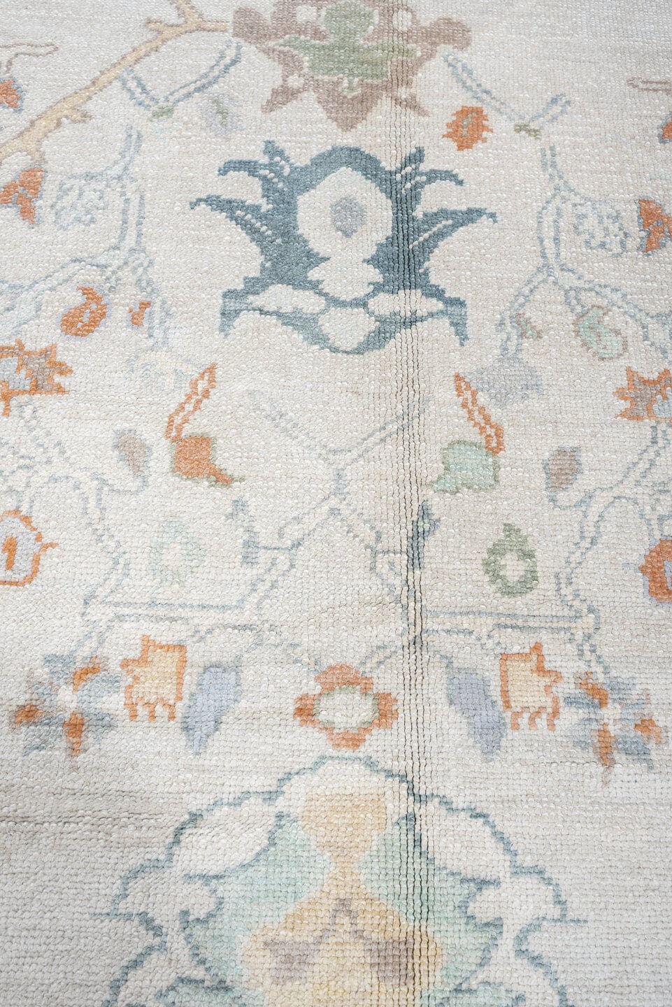 10' x 13' one-of-a-kind handmade vintage Oushak large size rug. Color palette: ivory, powder blue, sage, coral, peach, taupe