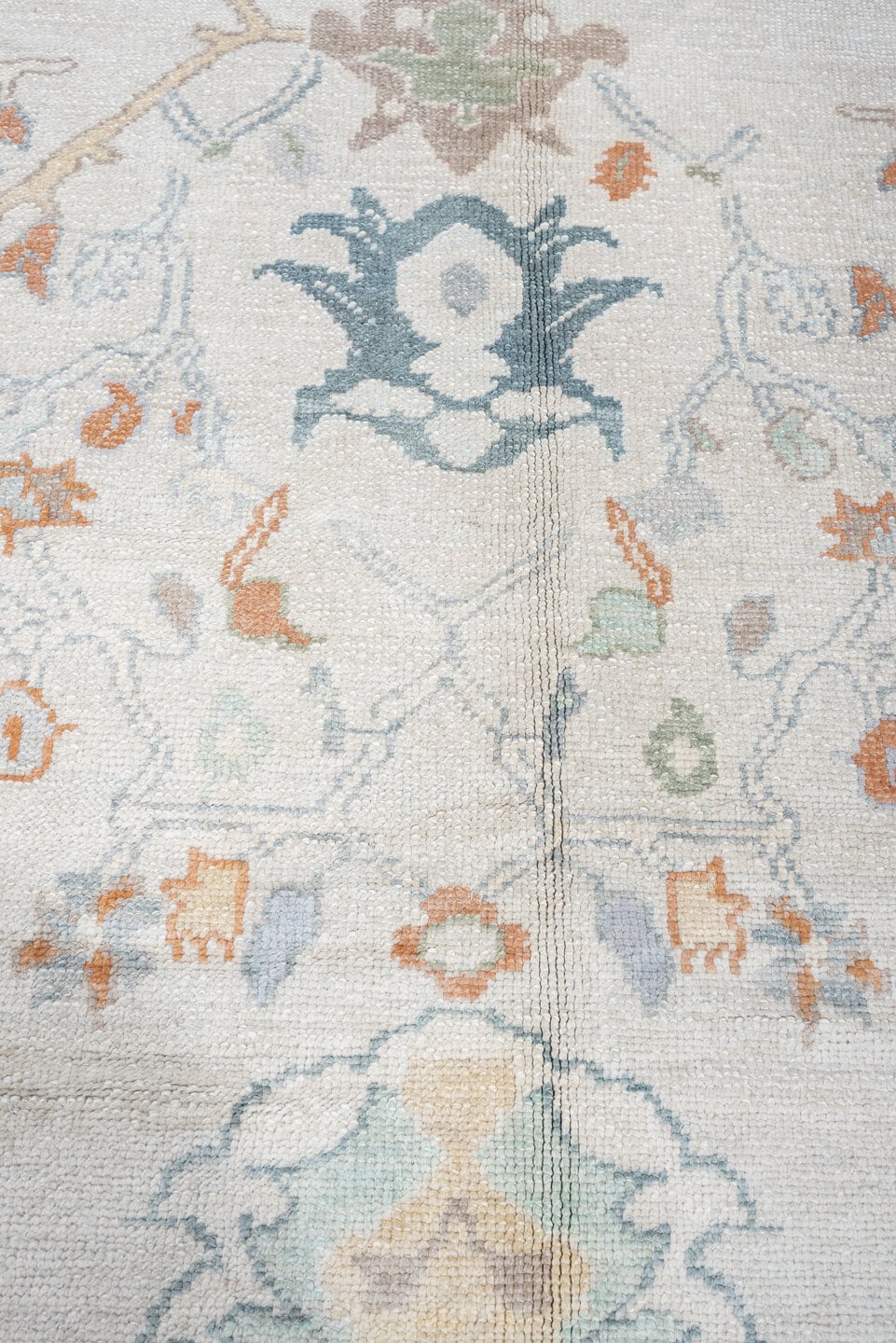 10' x 13' one-of-a-kind handmade vintage Oushak large size rug. Color palette: ivory, powder blue, sage, coral, peach, taupe