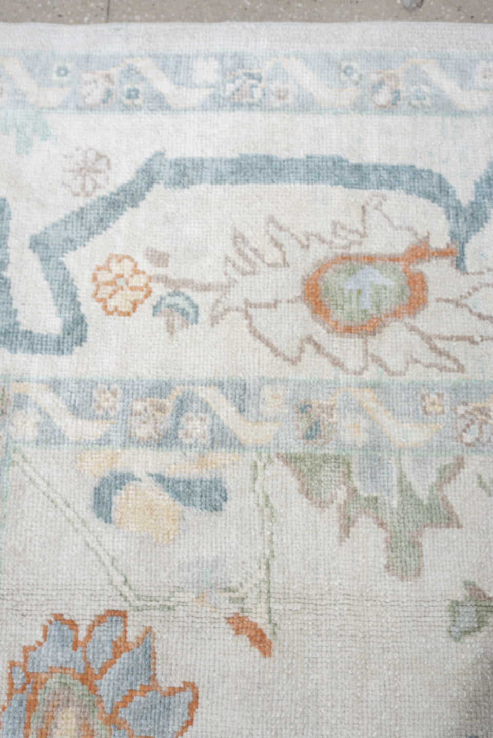 10' x 13' one-of-a-kind handmade vintage Oushak large size rug. Color palette: ivory, powder blue, sage, coral, peach, taupe
