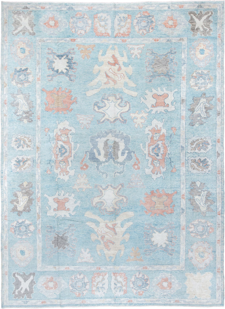 10' x 13' one-of-a-kind handmade vintage Oushak large size rug. Color palette: powder blue, ivory, blush, taupe, soft gray