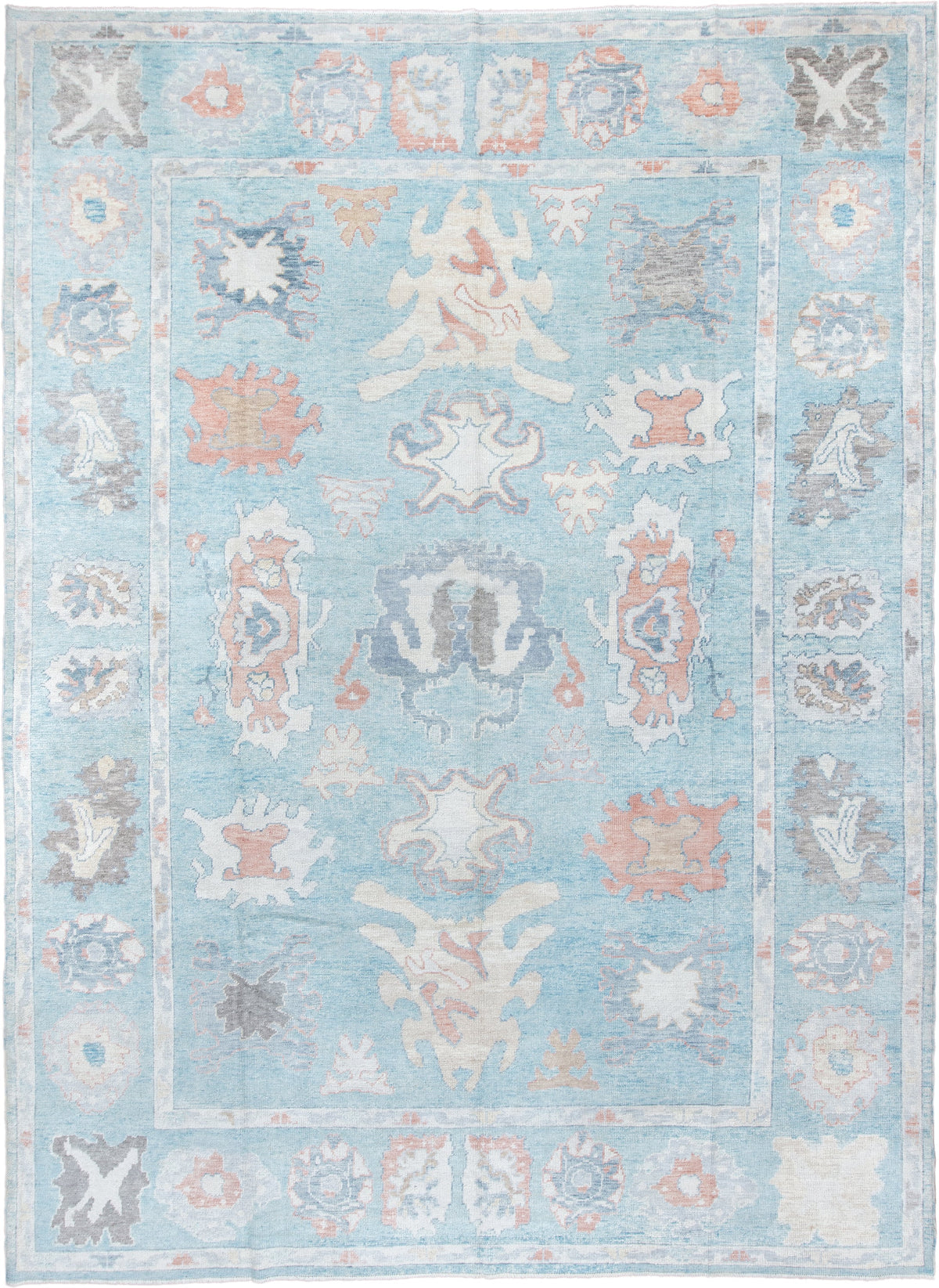 10' x 13' one-of-a-kind handmade vintage Oushak large size rug. Color palette: powder blue, ivory, blush, taupe, soft gray