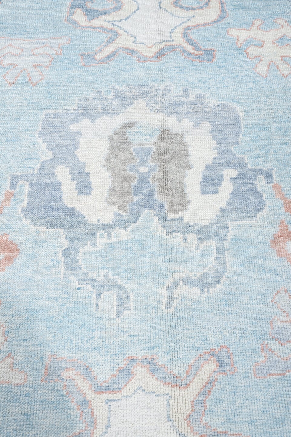 10' x 13' one-of-a-kind handmade vintage Oushak large size rug. Color palette: powder blue, ivory, blush, taupe, soft gray