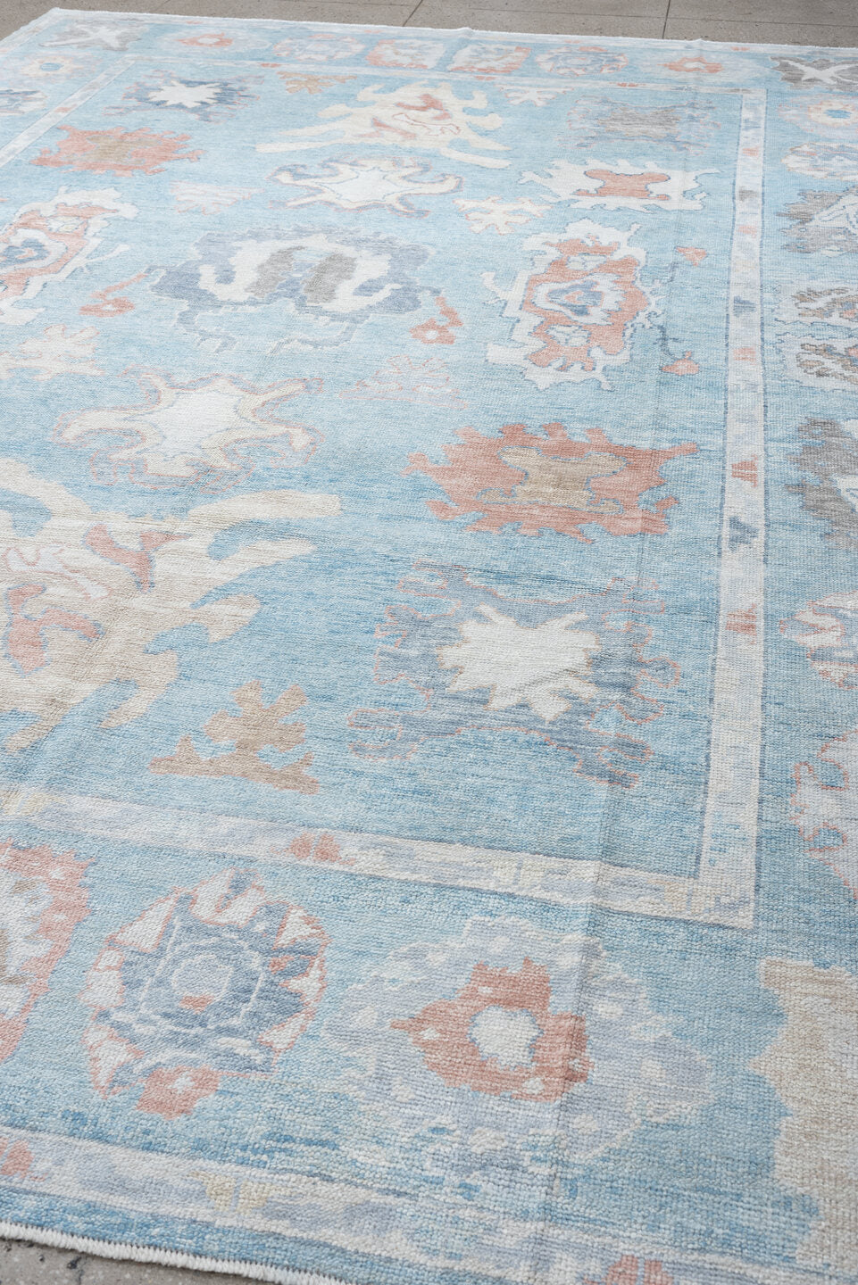 10' x 13' one-of-a-kind handmade vintage Oushak large size rug. Color palette: powder blue, ivory, blush, taupe, soft gray