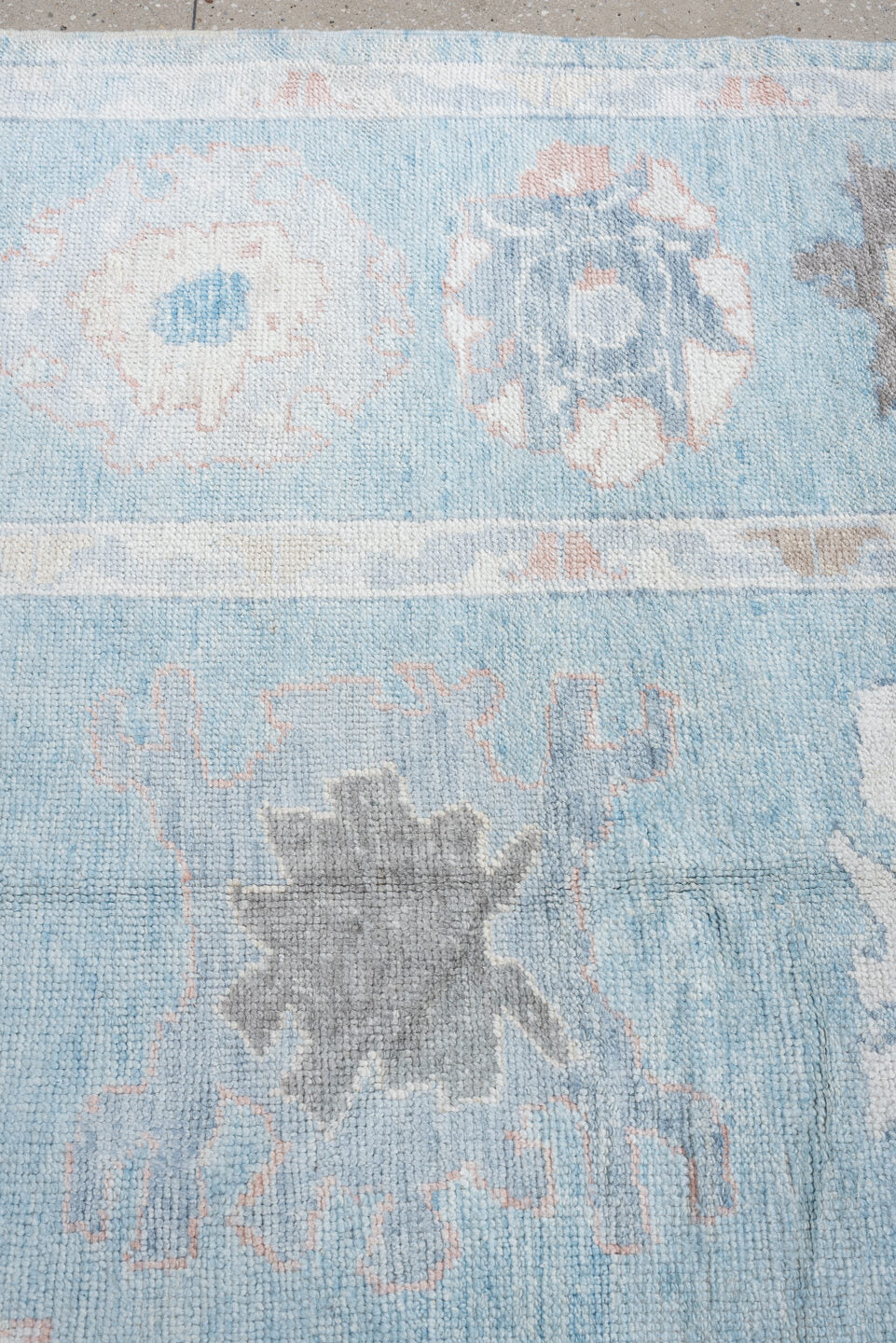 10' x 13' one-of-a-kind handmade vintage Oushak large size rug. Color palette: powder blue, ivory, blush, taupe, soft gray