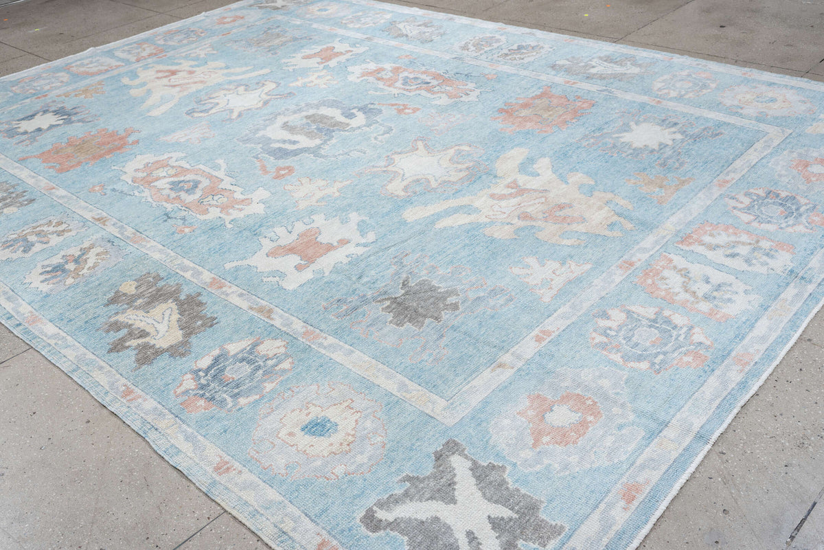 10' x 13' one-of-a-kind handmade vintage Oushak large size rug. Color palette: powder blue, ivory, blush, taupe, soft gray