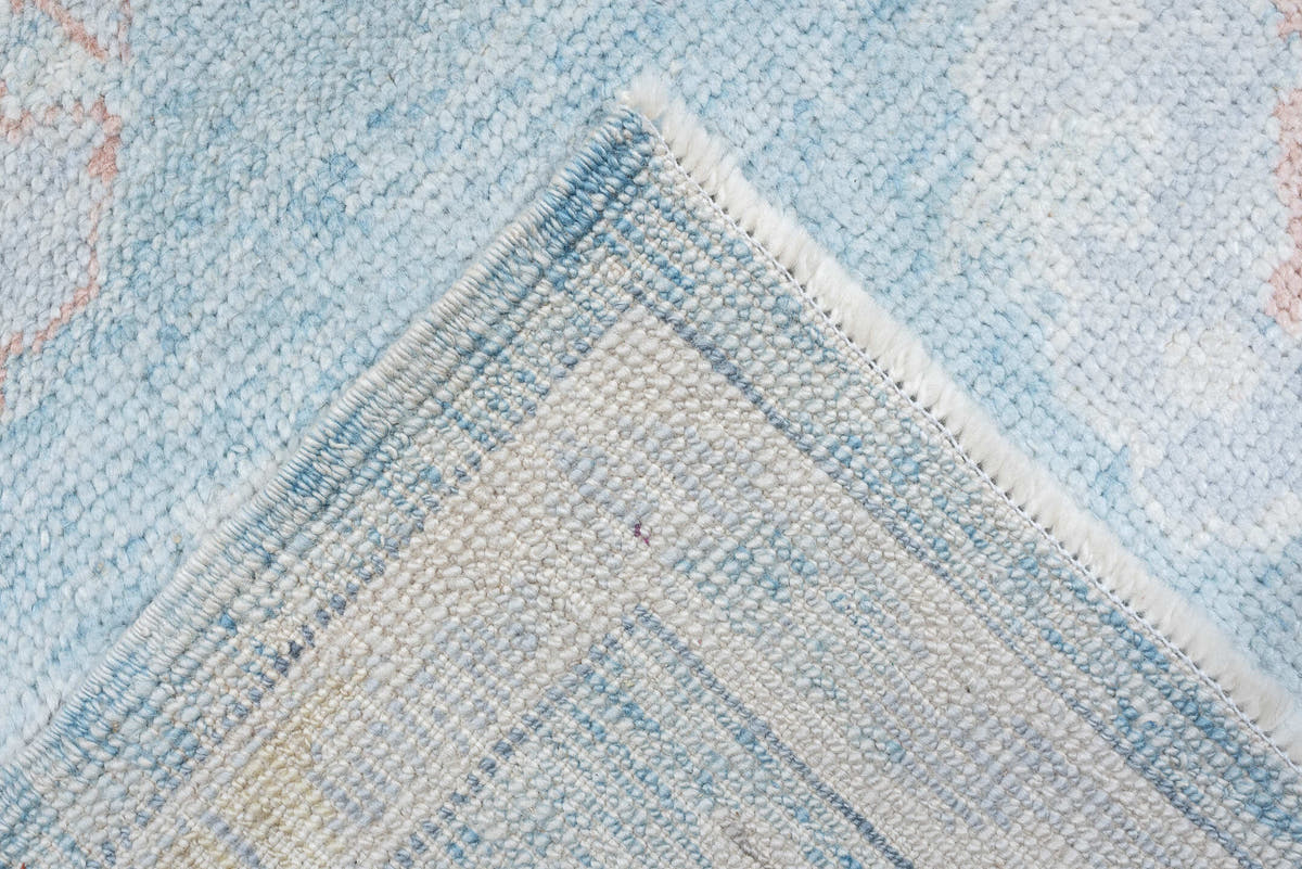 10' x 13' one-of-a-kind handmade vintage Oushak large size rug. Color palette: powder blue, ivory, blush, taupe, soft gray