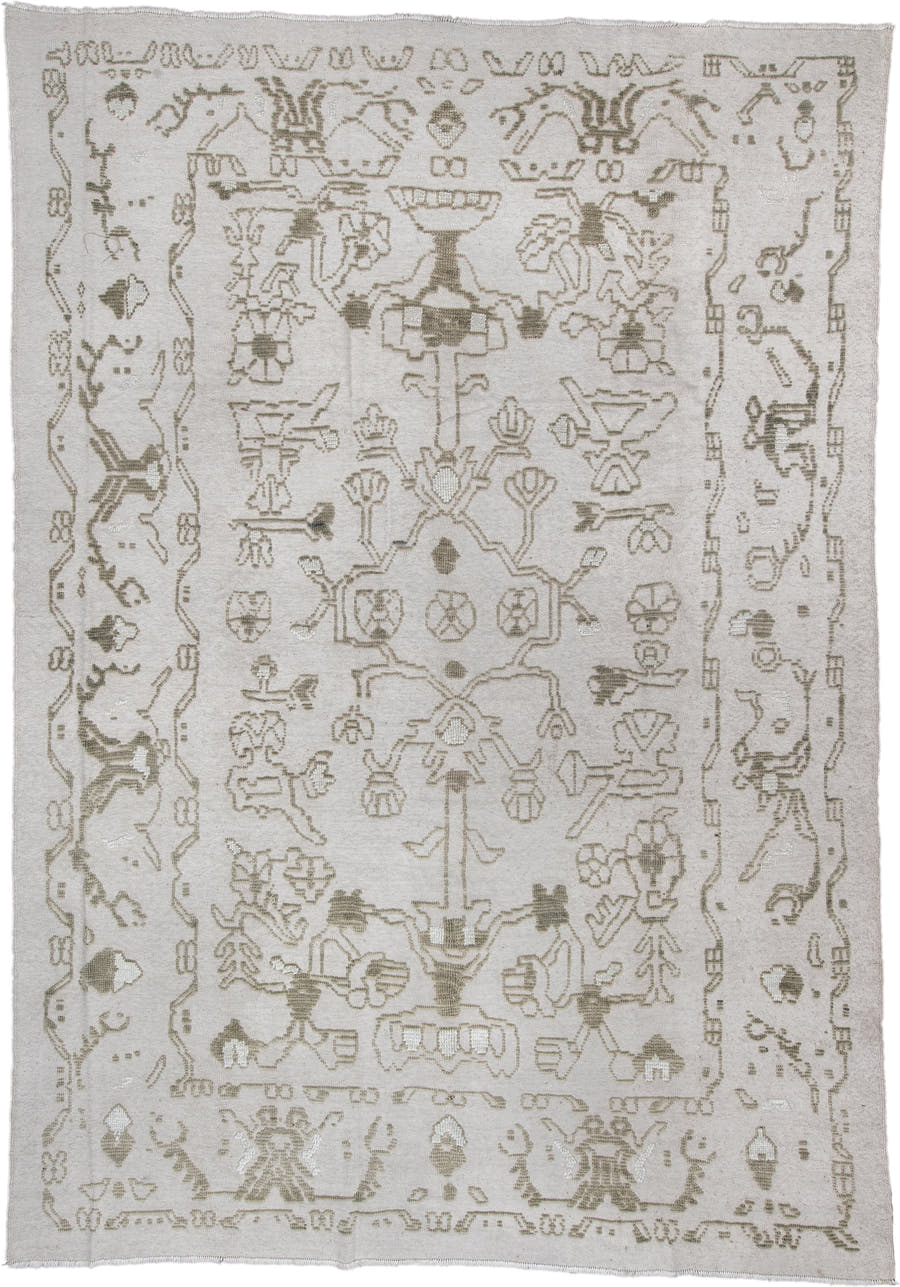 8' x 12' one-of-a-kind handmade vintage Kilim large size rug. Color palette: ivory, olive gray, taupe, sage, charcoal, beige