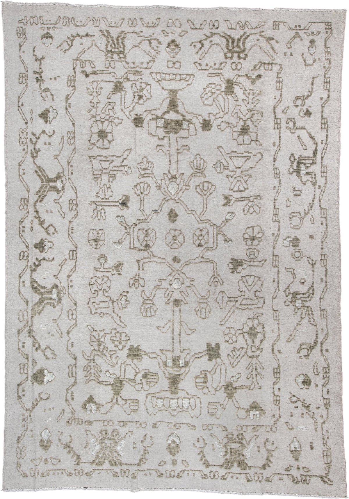 8' x 12' one-of-a-kind handmade vintage Kilim large size rug. Color palette: ivory, olive gray, taupe, sage, charcoal, beige