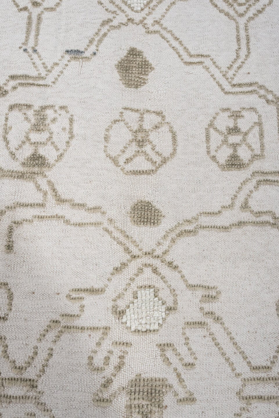 8' x 12' one-of-a-kind handmade vintage Kilim large size rug. Color palette: ivory, olive gray, taupe, sage, charcoal, beige