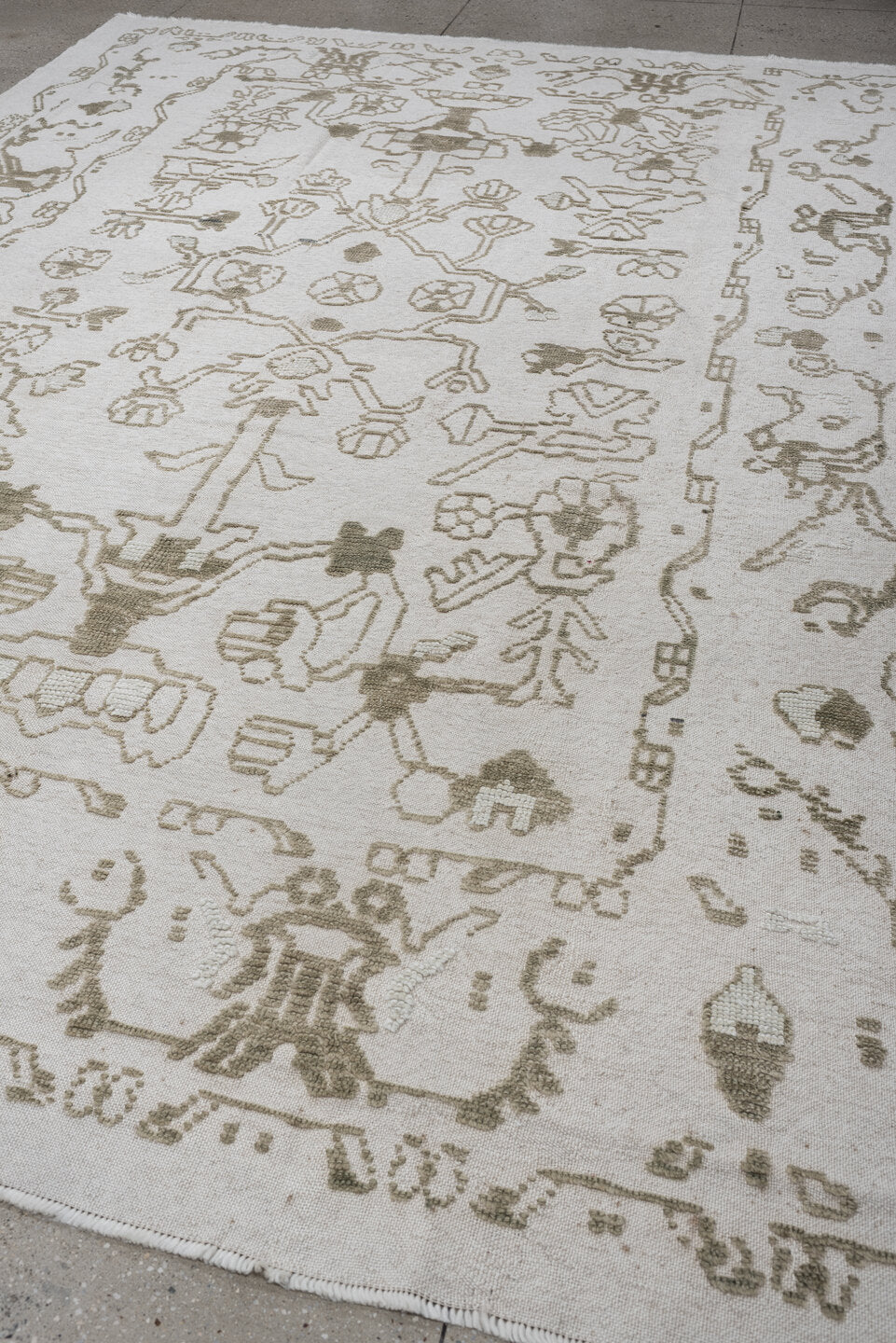 8' x 12' one-of-a-kind handmade vintage Kilim large size rug. Color palette: ivory, olive gray, taupe, sage, charcoal, beige