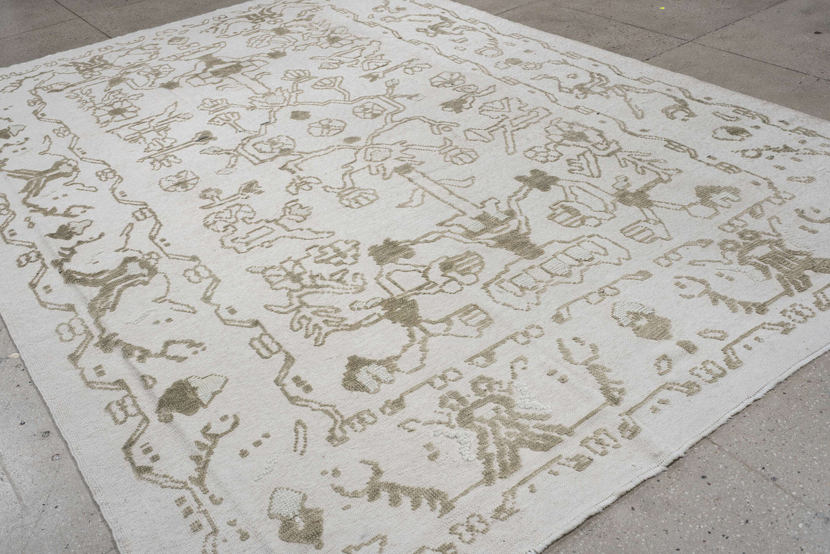 8' x 12' one-of-a-kind handmade vintage Kilim large size rug. Color palette: ivory, olive gray, taupe, sage, charcoal, beige