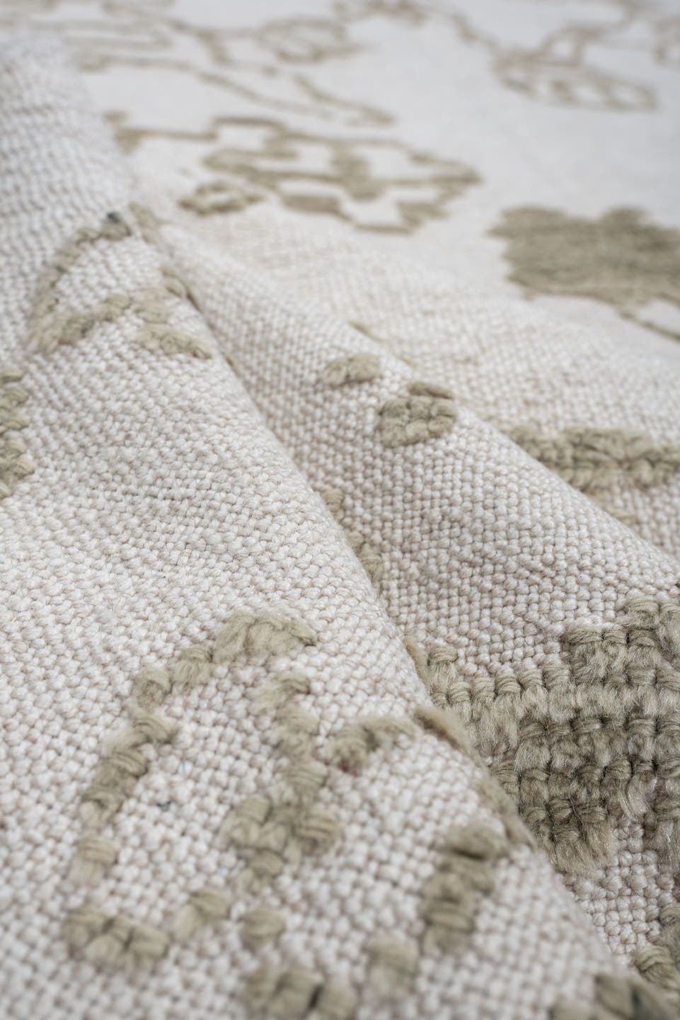 8' x 12' one-of-a-kind handmade vintage Kilim large size rug. Color palette: ivory, olive gray, taupe, sage, charcoal, beige