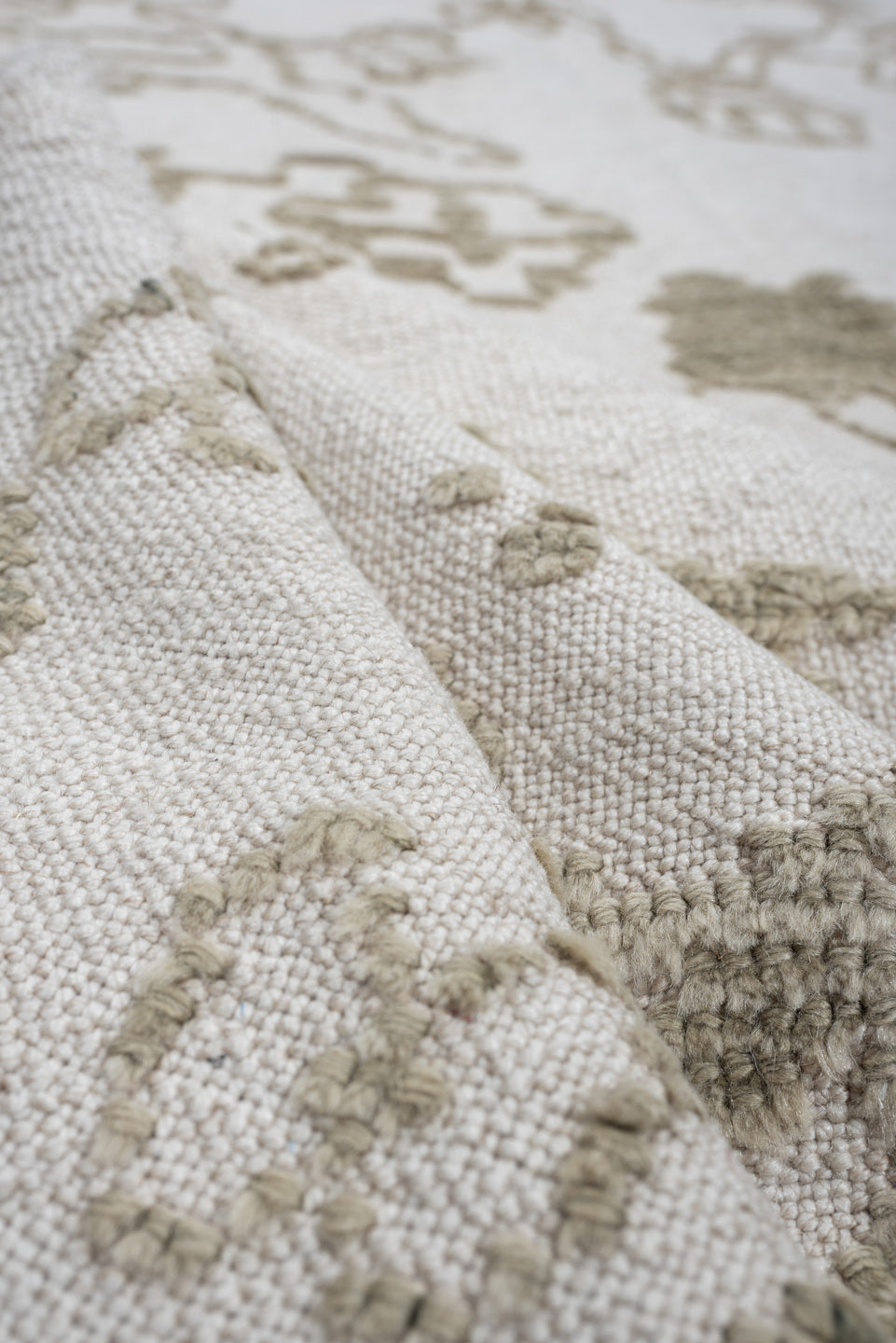8' x 12' one-of-a-kind handmade vintage Kilim large size rug. Color palette: ivory, olive gray, taupe, sage, charcoal, beige