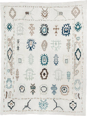 9' x 12' one-of-a-kind handmade vintage Kilim large size rug. Color palette: ivory, pale sage, teal, navy, warm brown
