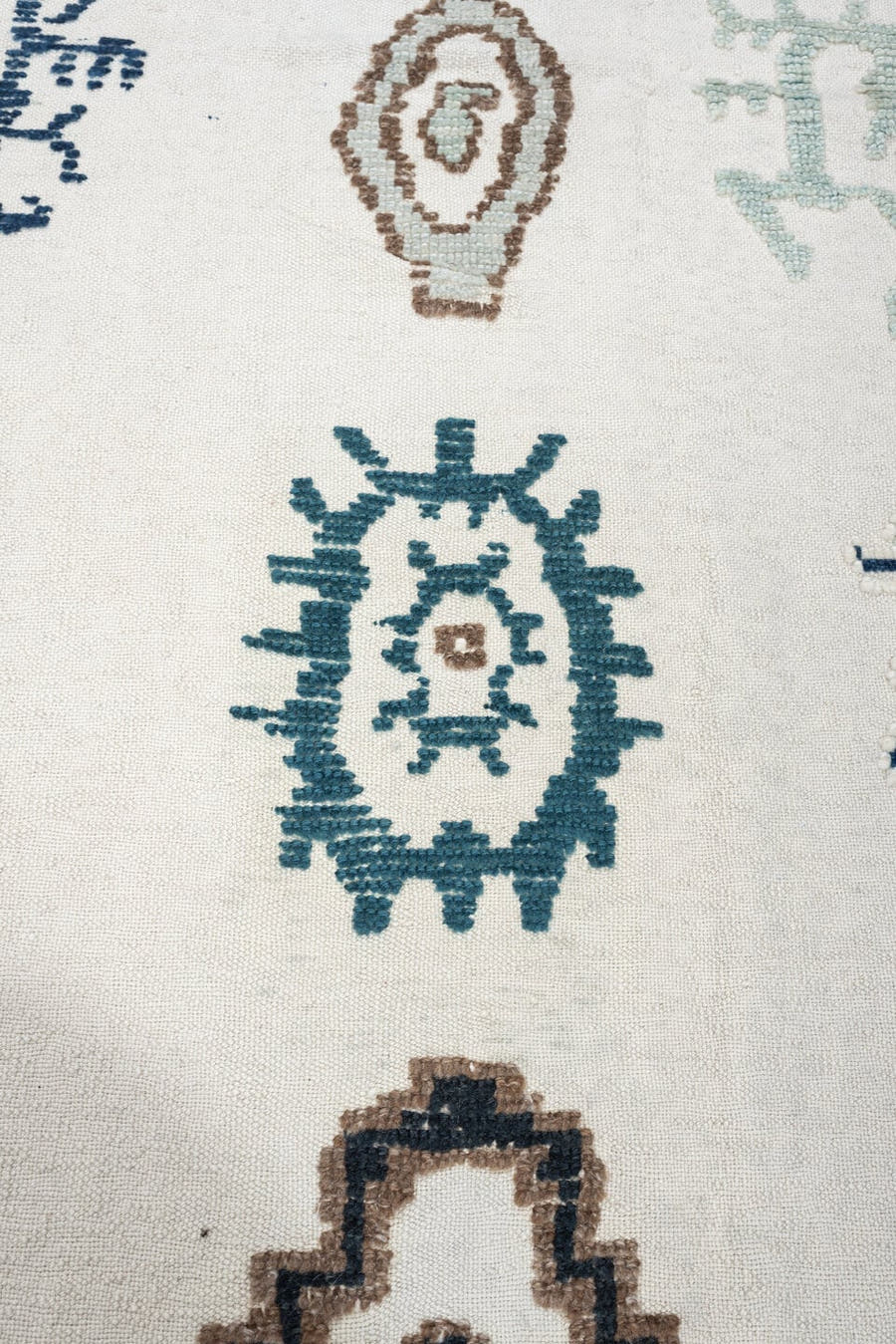 9' x 12' one-of-a-kind handmade vintage Kilim large size rug. Color palette: ivory, pale sage, teal, navy, warm brown