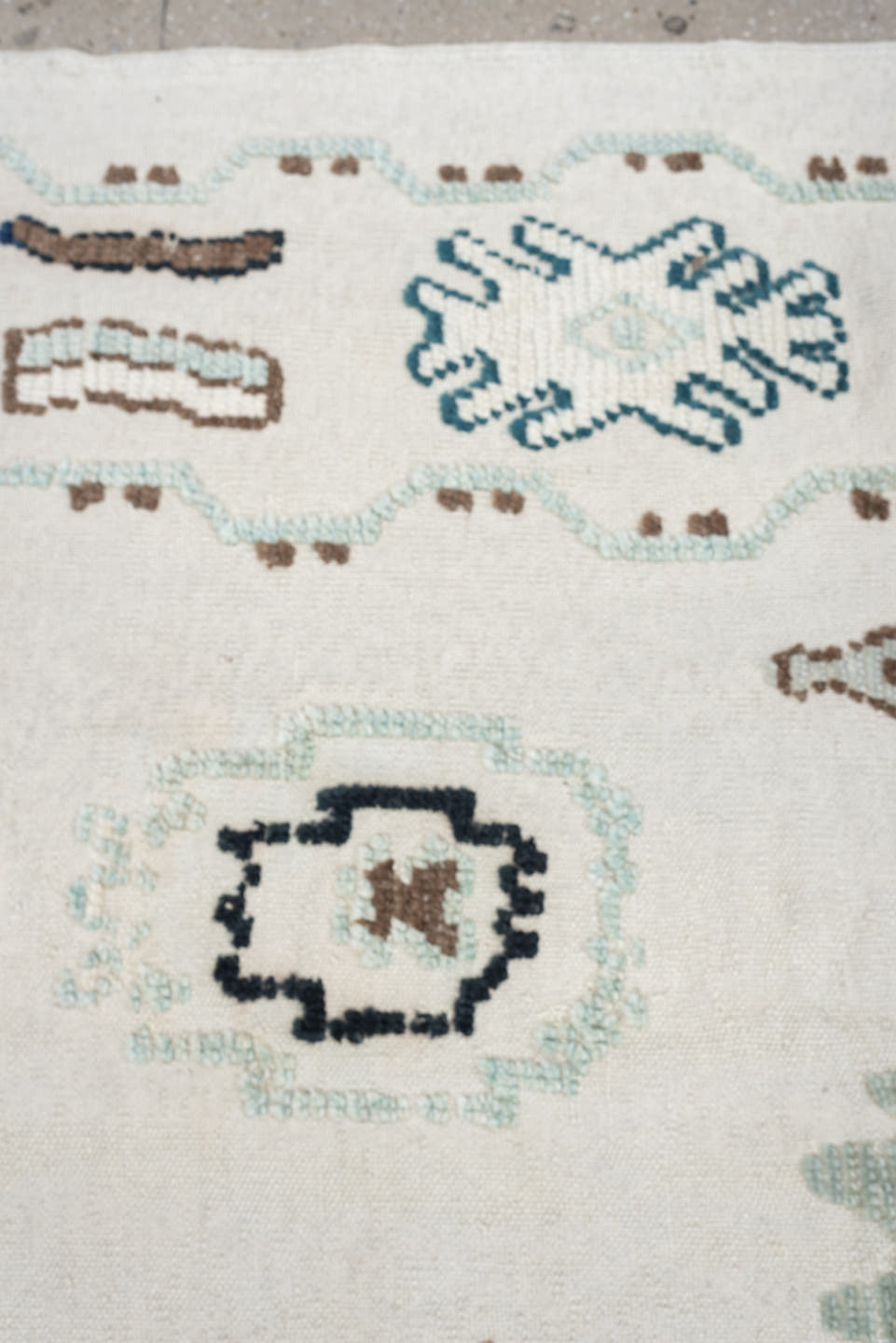 9' x 12' one-of-a-kind handmade vintage Kilim large size rug. Color palette: ivory, pale sage, teal, navy, warm brown