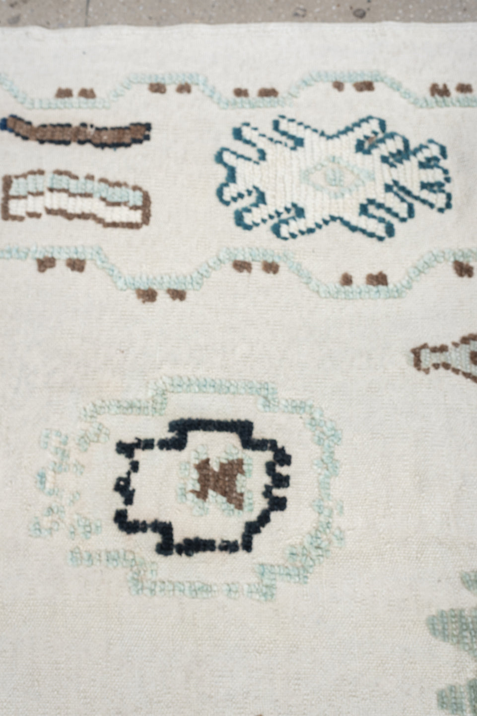 9' x 12' one-of-a-kind handmade vintage Kilim large size rug. Color palette: ivory, pale sage, teal, navy, warm brown