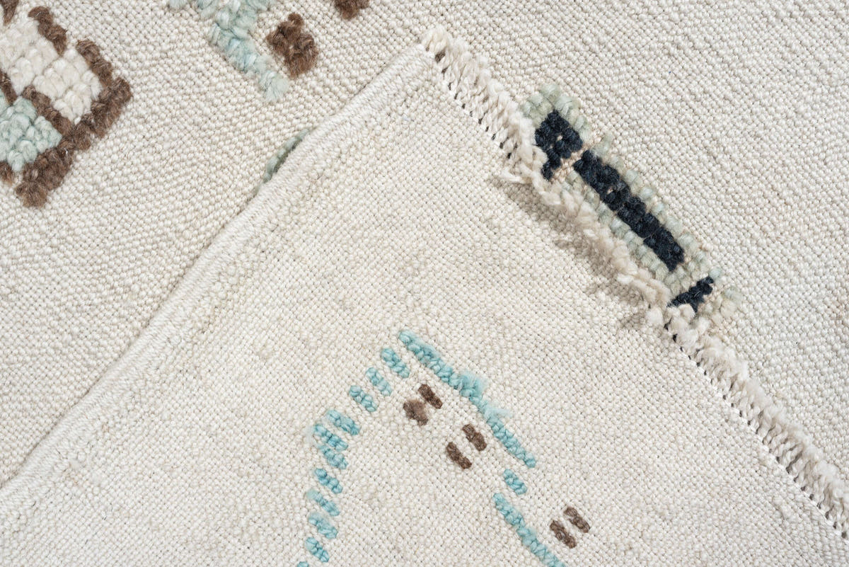 9' x 12' one-of-a-kind handmade vintage Kilim large size rug. Color palette: ivory, pale sage, teal, navy, warm brown