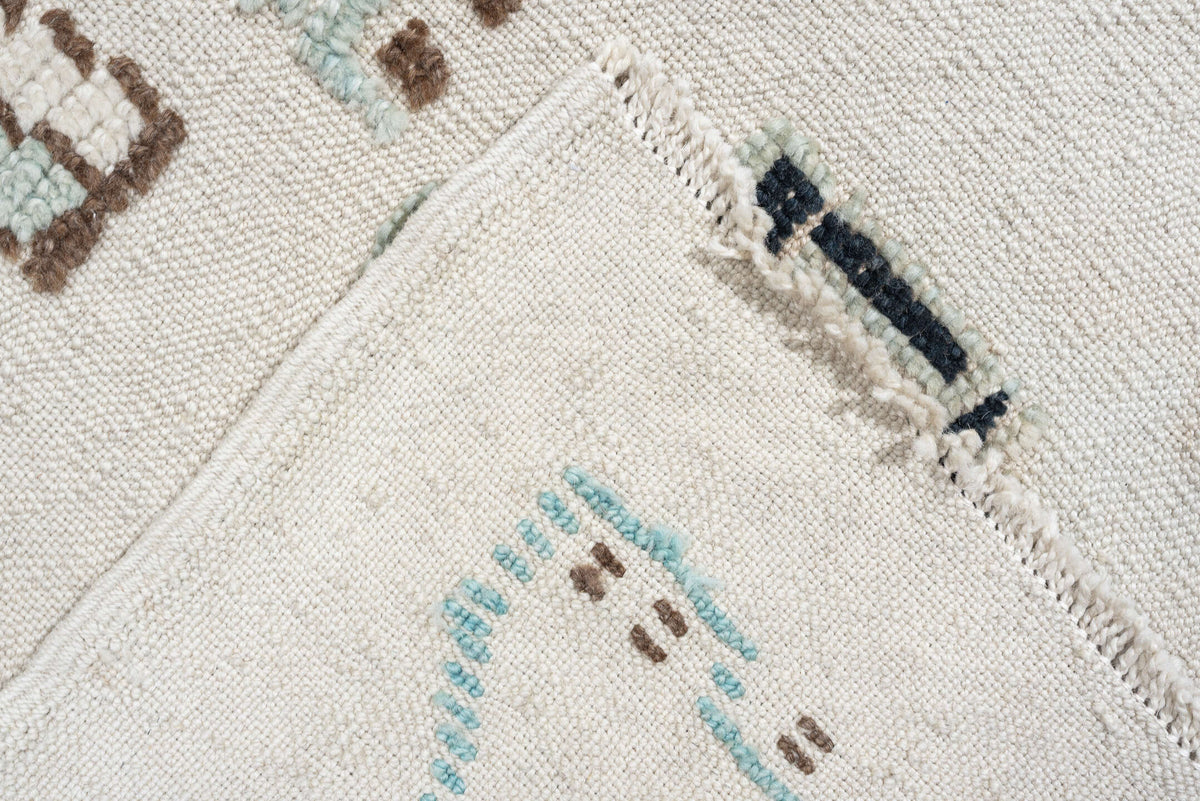 9' x 12' one-of-a-kind handmade vintage Kilim large size rug. Color palette: ivory, pale sage, teal, navy, warm brown