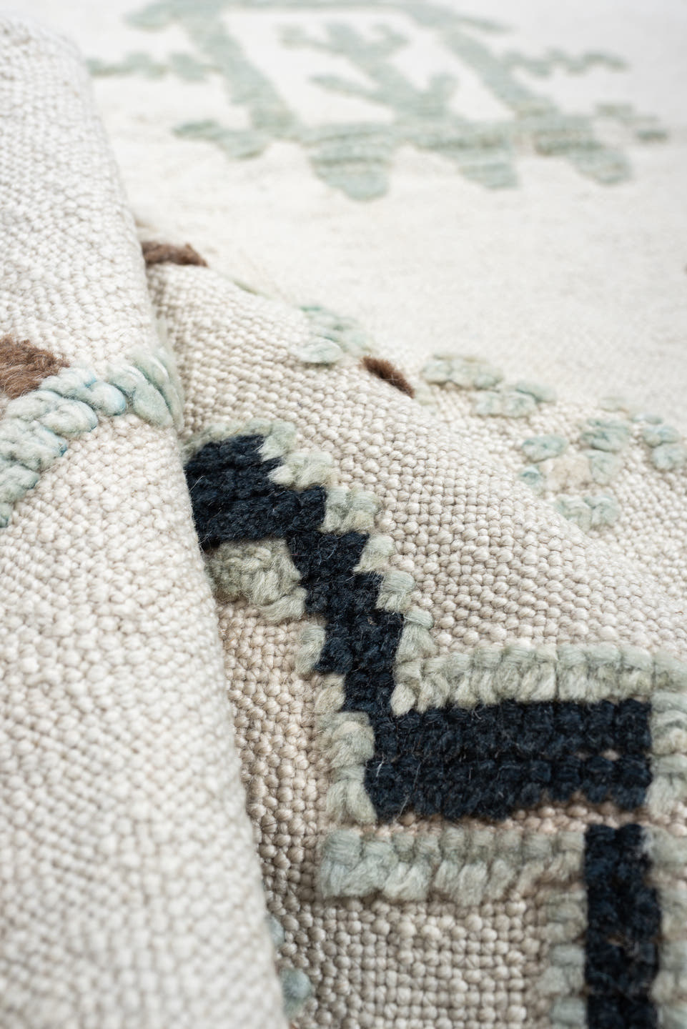 9' x 12' one-of-a-kind handmade vintage Kilim large size rug. Color palette: ivory, pale sage, teal, navy, warm brown