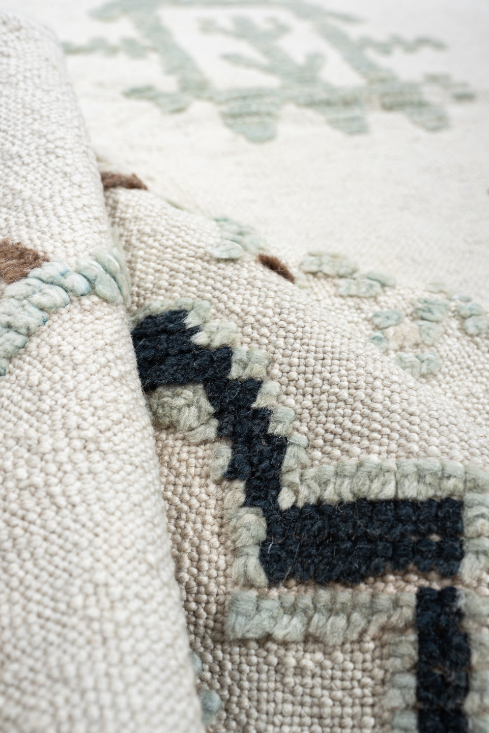 9' x 12' one-of-a-kind handmade vintage Kilim large size rug. Color palette: ivory, pale sage, teal, navy, warm brown