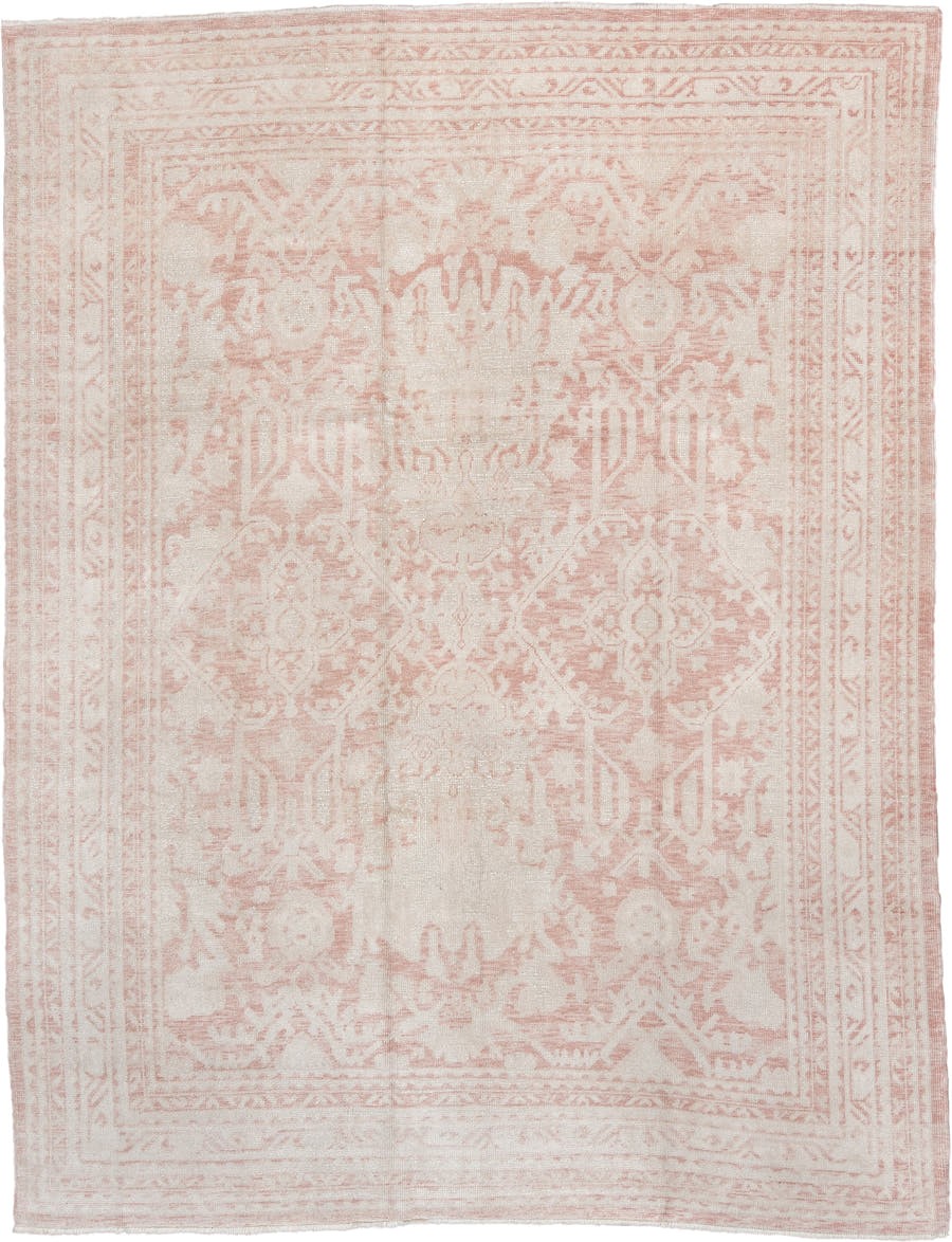 9' x 11' one-of-a-kind handmade vintage Oushak large size rug. Color palette: ivory, blush, rose, pale pink, beige, taupe