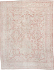 9' x 11' one-of-a-kind handmade vintage Oushak large size rug. Color palette: ivory, blush, rose, pale pink, beige, taupe