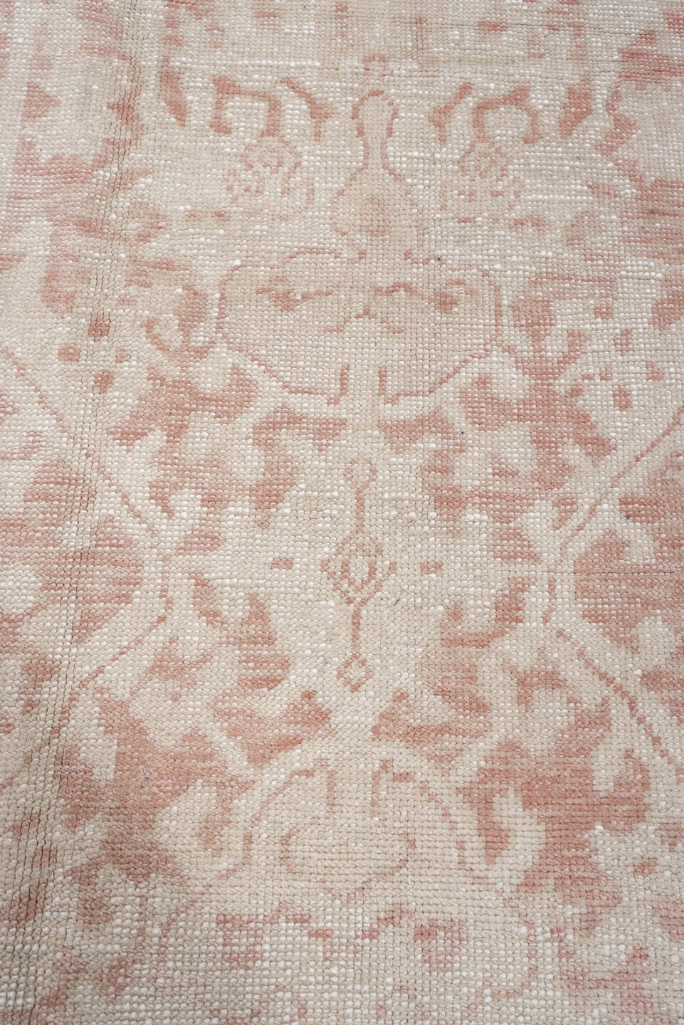 9' x 11' one-of-a-kind handmade vintage Oushak large size rug. Color palette: ivory, blush, rose, pale pink, beige, taupe