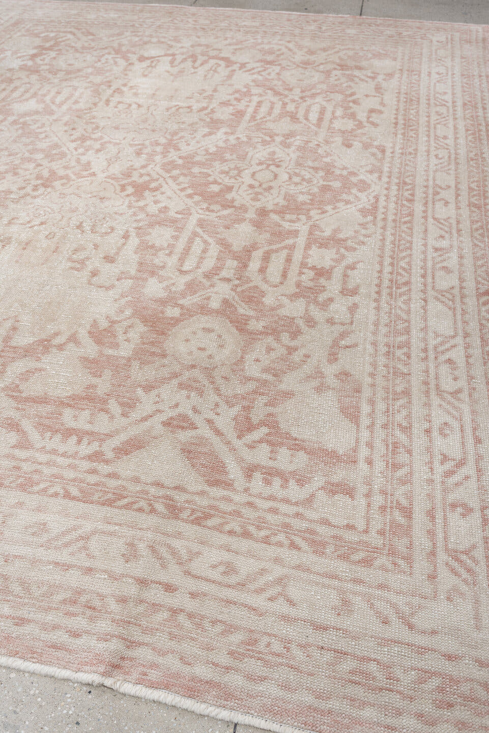 9' x 11' one-of-a-kind handmade vintage Oushak large size rug. Color palette: ivory, blush, rose, pale pink, beige, taupe