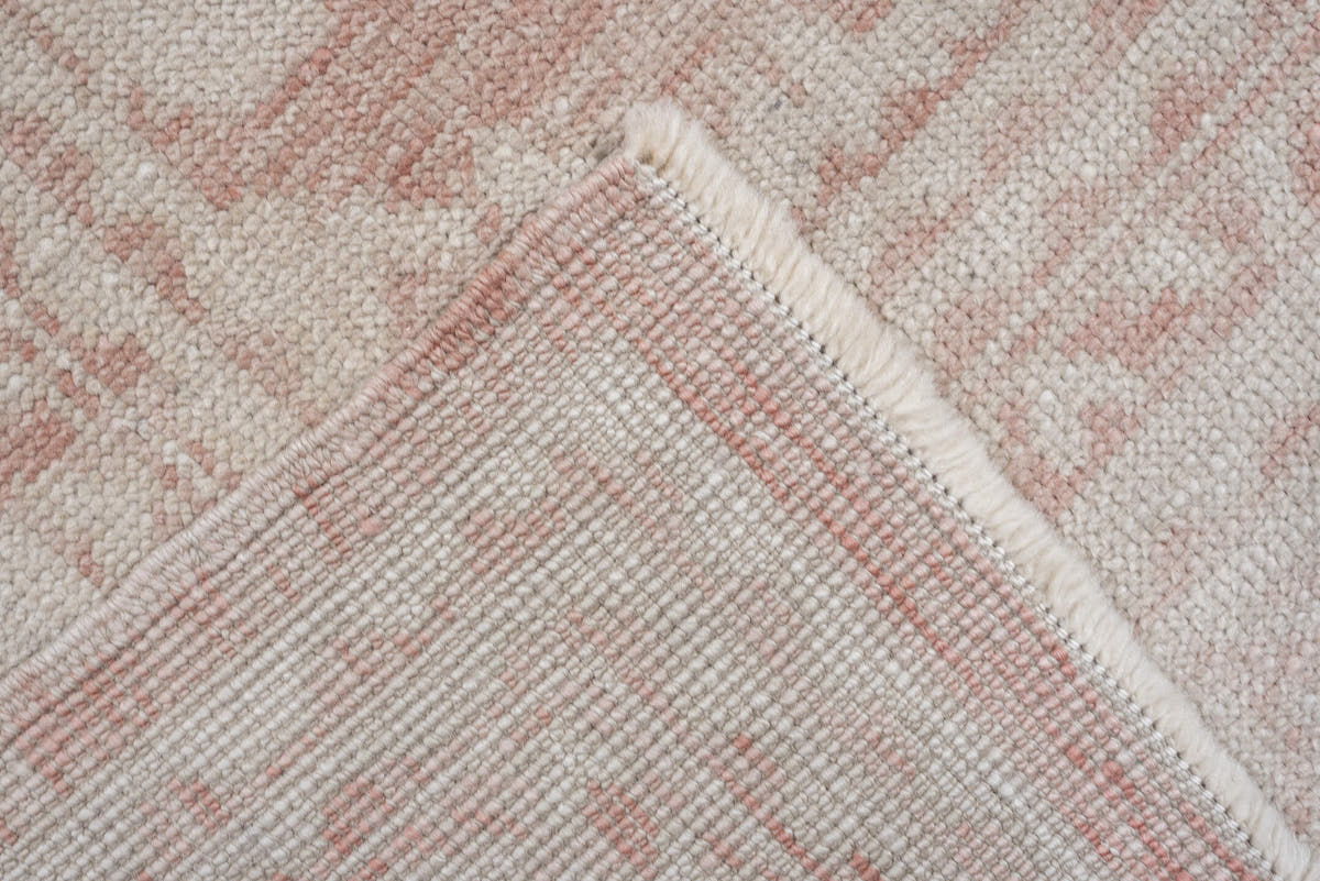 9' x 11' one-of-a-kind handmade vintage Oushak large size rug. Color palette: ivory, blush, rose, pale pink, beige, taupe