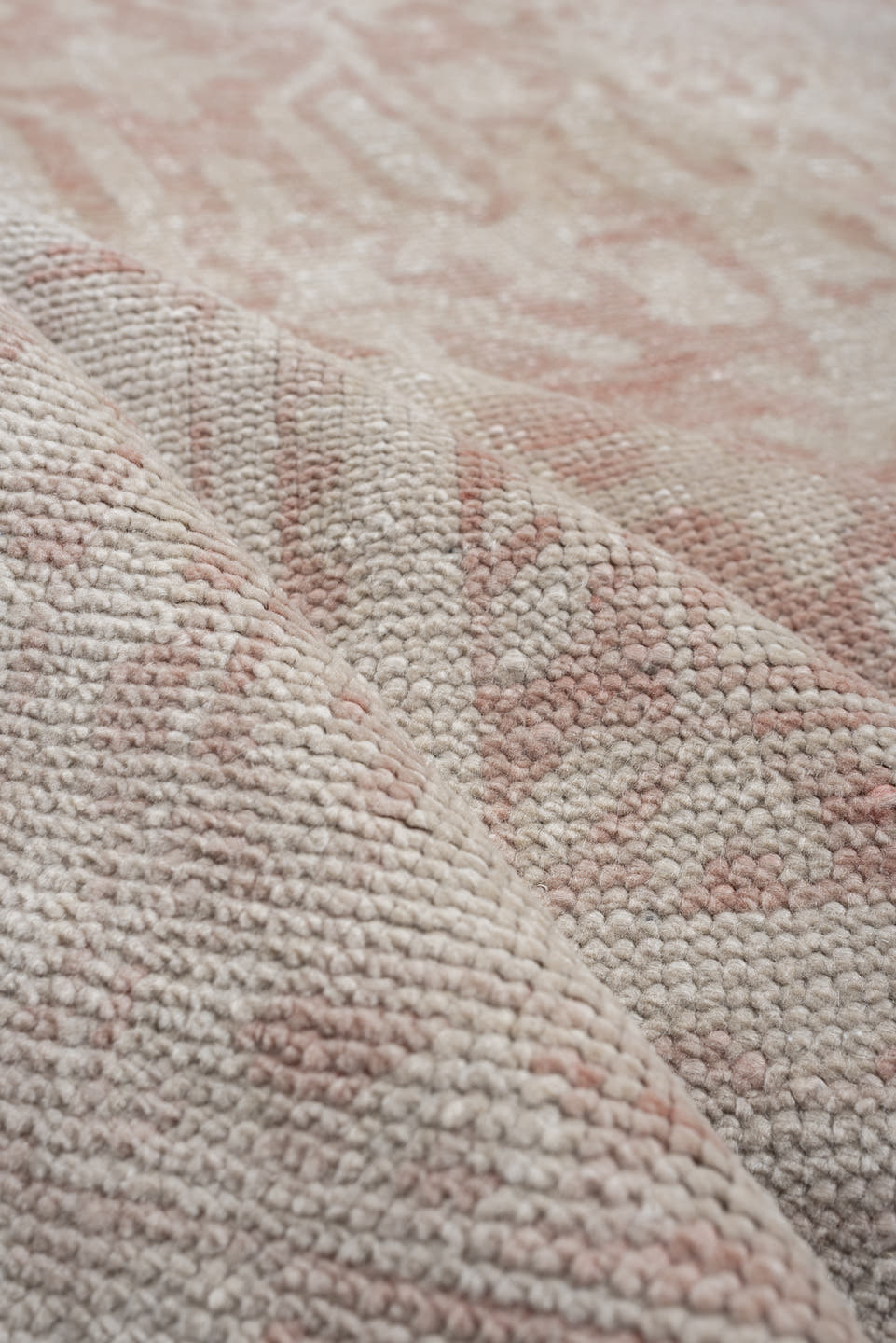 9' x 11' one-of-a-kind handmade vintage Oushak large size rug. Color palette: ivory, blush, rose, pale pink, beige, taupe