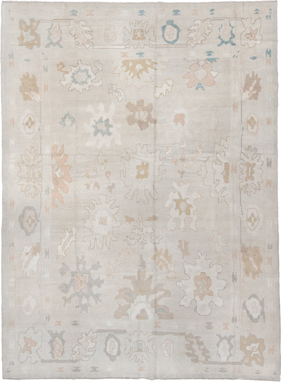 9' x 12' one-of-a-kind handmade vintage Oushak large size rug. Color palette: ivory, taupe, blush, sand, muted aqua
