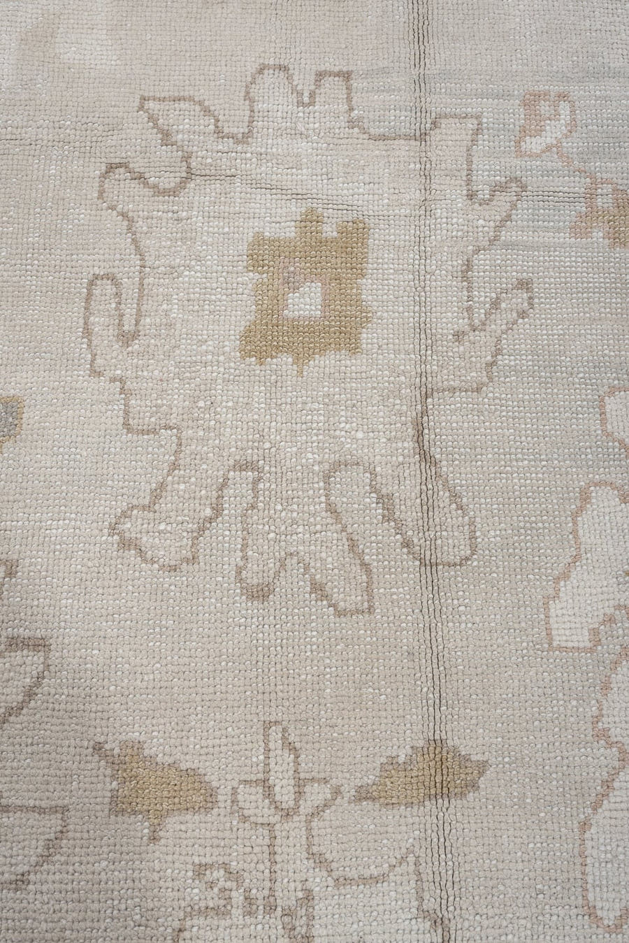 9' x 12' one-of-a-kind handmade vintage Oushak large size rug. Color palette: ivory, taupe, blush, sand, muted aqua