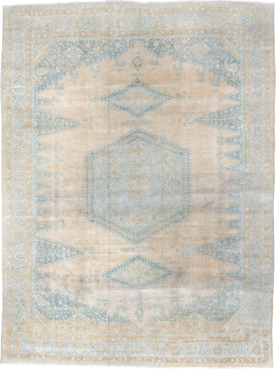 13' x 17' one-of-a-kind handmade antique Veece oversize rug. Color palette: ivory, powder blue, tan, beige, pale gray, taupe