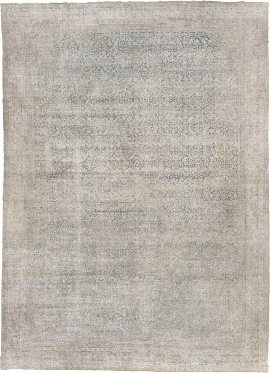 12' x 17' one-of-a-kind handmade antique Mahal oversize rug. Color palette: ivory, blue gray, taupe, beige, slate, charcoal